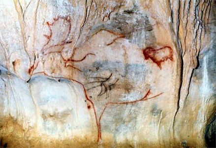 Megaceros, ibex, man and spears