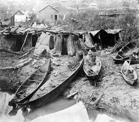  Canoes on the beach at Songees Reserve, 1868