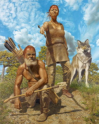 man woman dog spearthrower