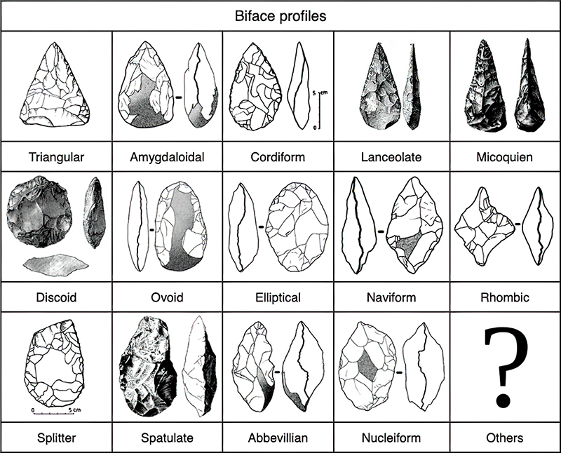 Stone tools including chopping tools, hand-axes, picks and spheroids, from  the Acheulean industry. Acheulean refers to an archaeological industry of  stone tool manufacture characterized by distinctive oval and pear-shaped  'hand-axes' associated with