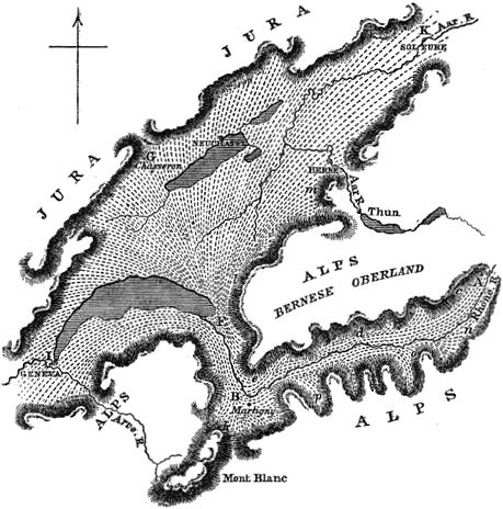 Map of The Rhone Glacier and the distribution of the erratic blocks and drift associated with it.